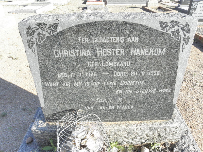 HANEKOM Christina Hester nee LOMBAARD 1928-1958