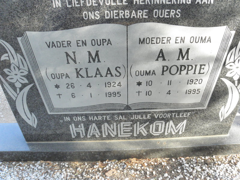 HANEKOM N.M. 1924-1995 &amp; A.M. 1920-1995