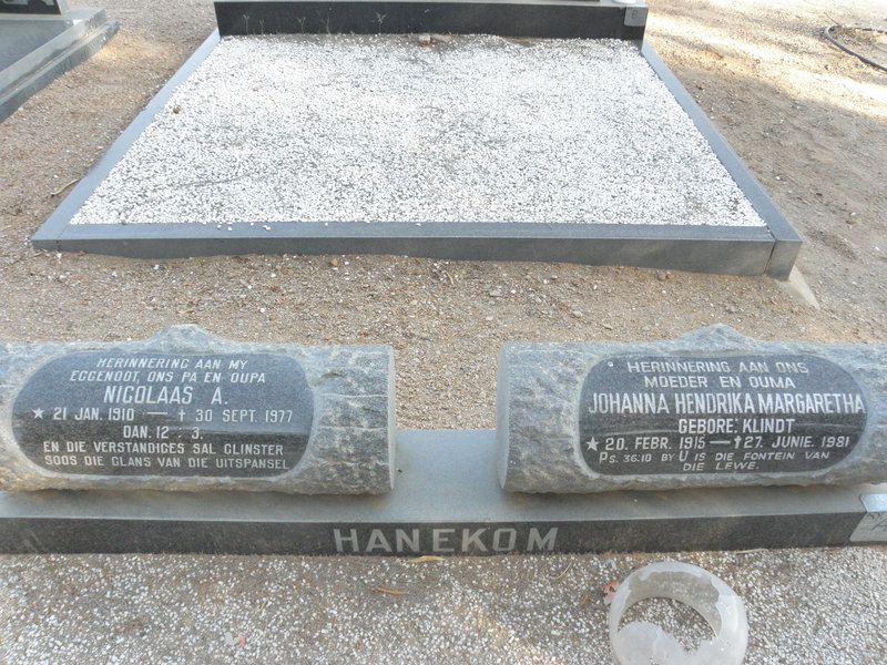 HANEKOM Nicolaas A. 1910-1977 &amp; Johanna Hendrika Margaretha KLINDT 1915-1981
