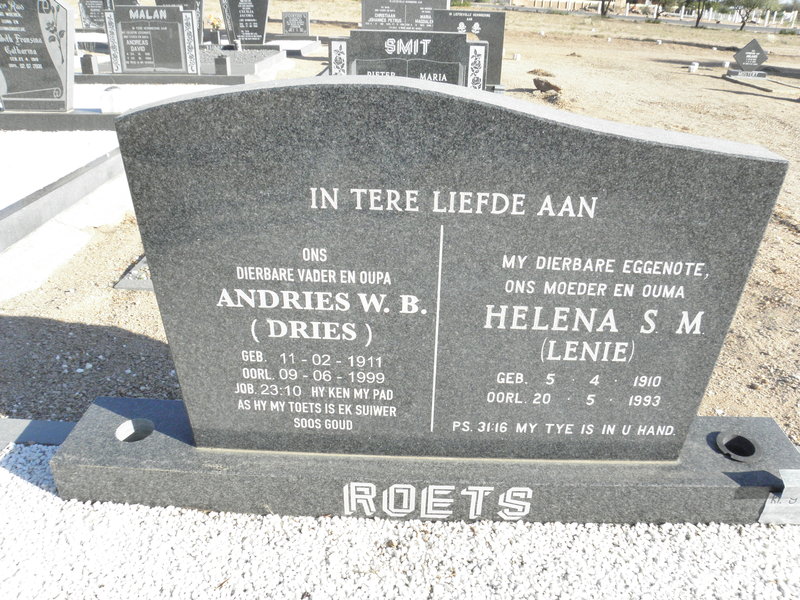 ROETS Andries W.B. 1911-1999 &amp; Helena S.M. 1910-1993