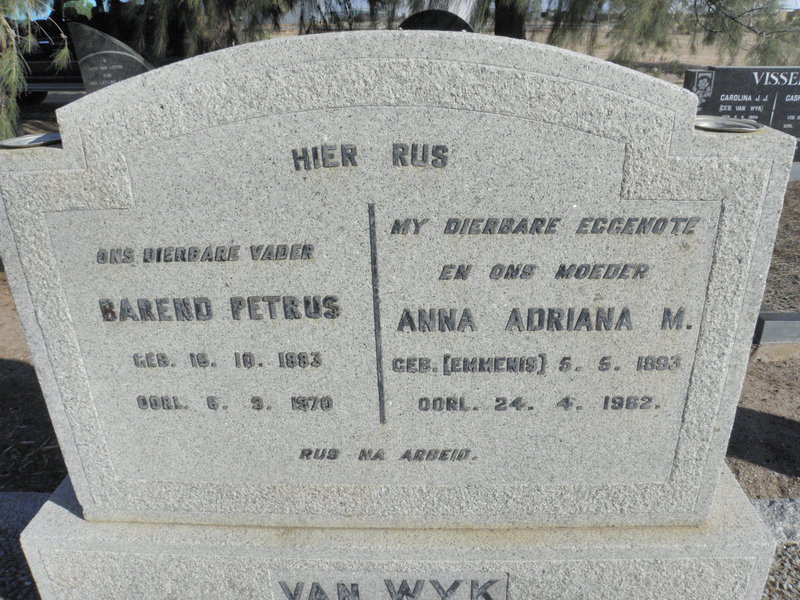 WYK Barend Petrus, van 1883-1970 &amp; Anna Adriana M. EMMENIS 1893-1962