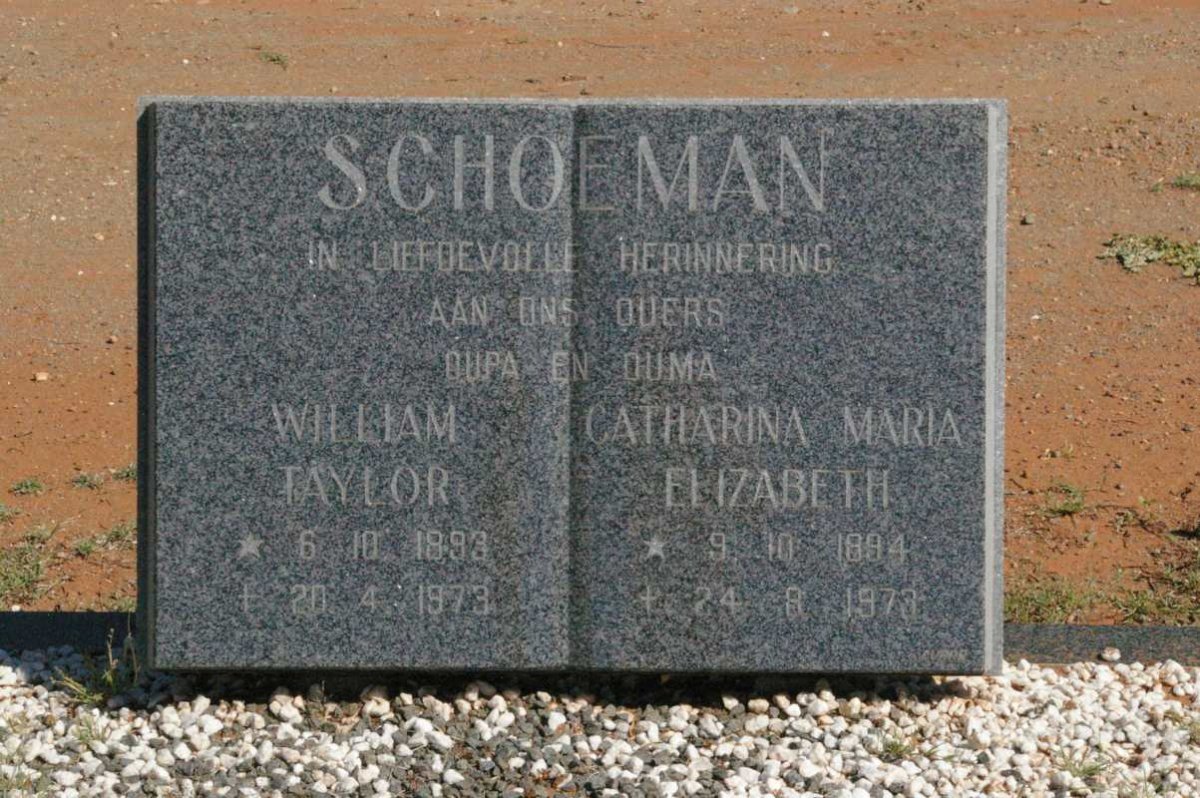 SCHOEMAN William Taylor 1893-1973 &amp; Catharina Maria Elizabeth 1894-1973