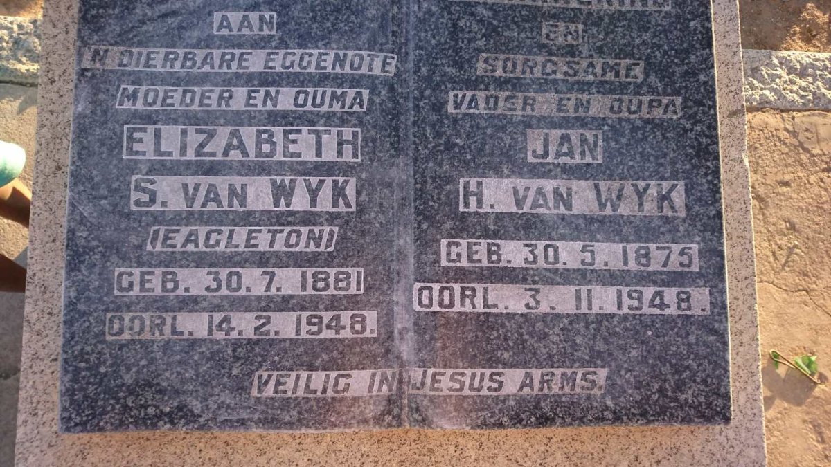 WYK Jan H., van 1875-1948 &amp; Elizabeth S. EAGLETON 1881-1948