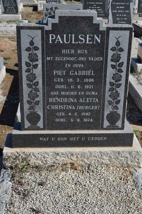 PAULSEN Piet Gabriel 1896-1971 &amp; Hendrina Aletta Christina BURGER 1892-1974