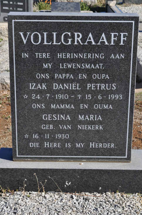 VOLLGRAAFF Izak Daniel Petrus 1910-1993 &amp; Gesina Maria VAN NIEKERK 1930-