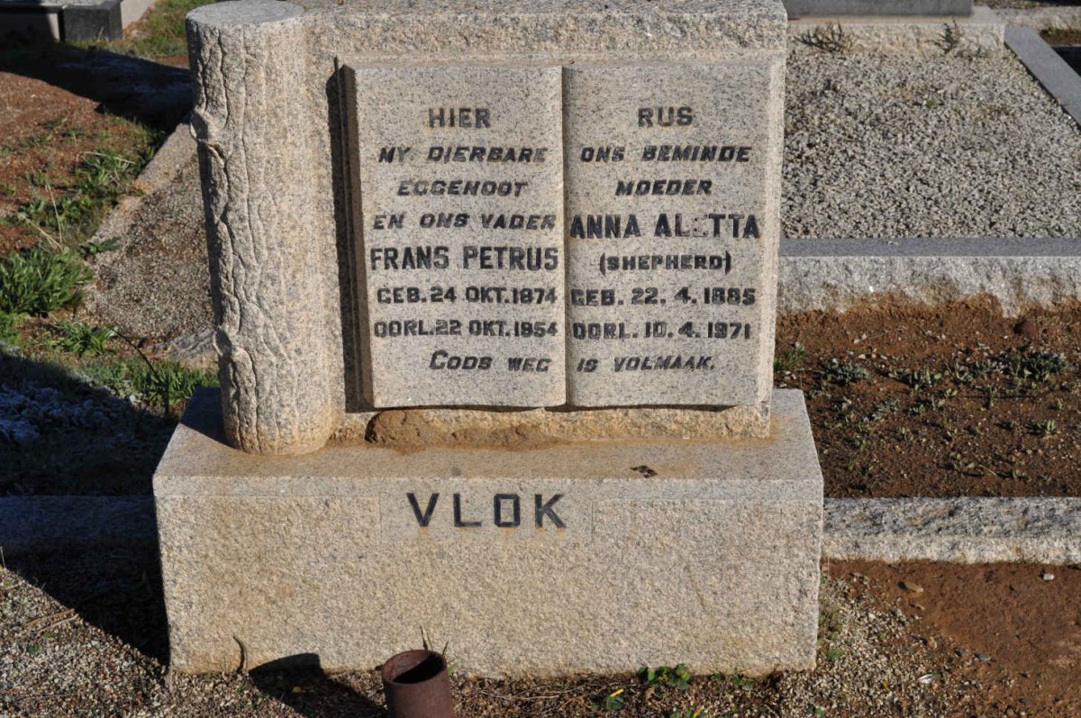VLOK Frans Petrus 1874-1954 &amp; Anna Aletta SHEPHERD 1885-1971
