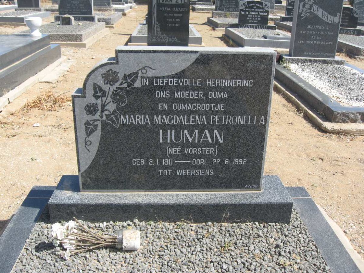 HUMAN Maria Magdalena Petronella nee VORSTER 1911-1992