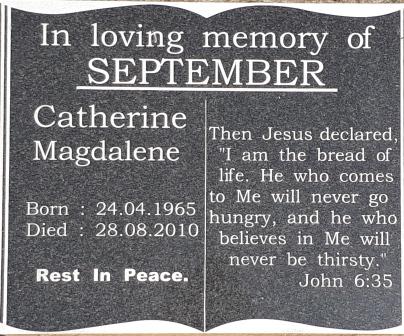 SEPTEMBER Catherine Magdalene 1965-2010