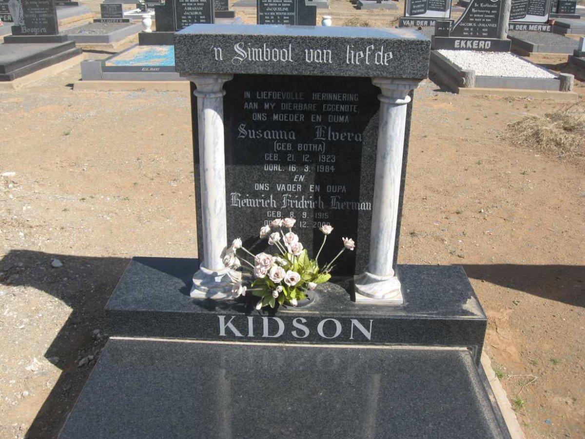 KIDSON Heinrich Fridrich Herman 1915-2000 &amp; Susanna Elvera BOTHA 1923-1984