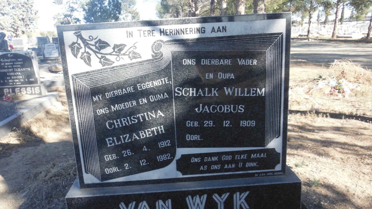 WYK Schalk Willem Jacobus, van 1909- &amp; Christina Elizabeth 1912-1982