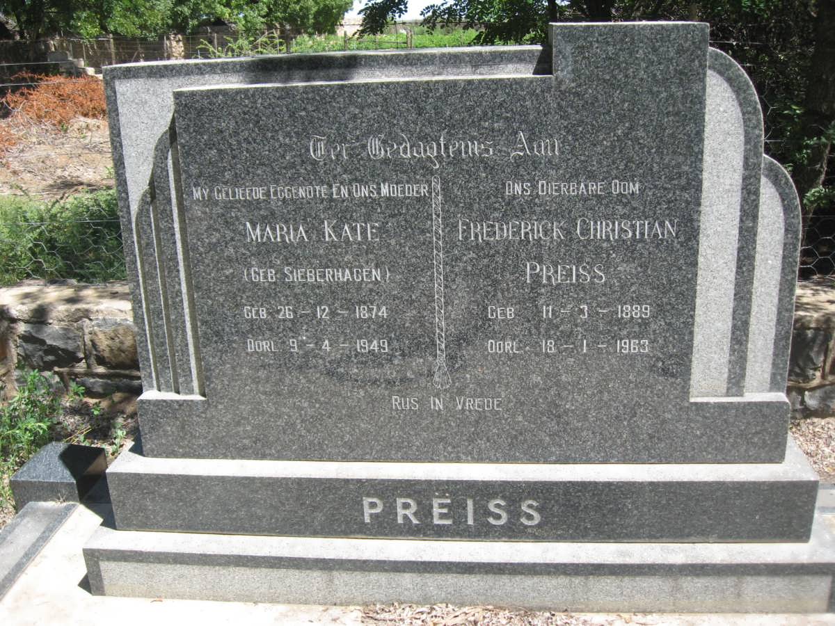 PREISS Maria Kate nee SIEBERHAGEN 1874-1949 :: PREISS Frederick Christian 1889-1963