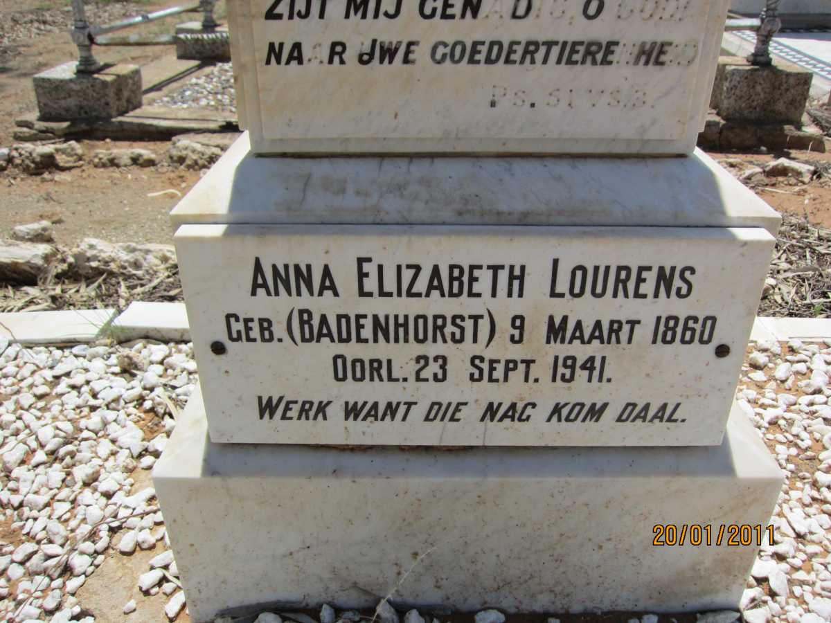 LOURENS Anna Elizabeth nee BADENHORST 1860-1941