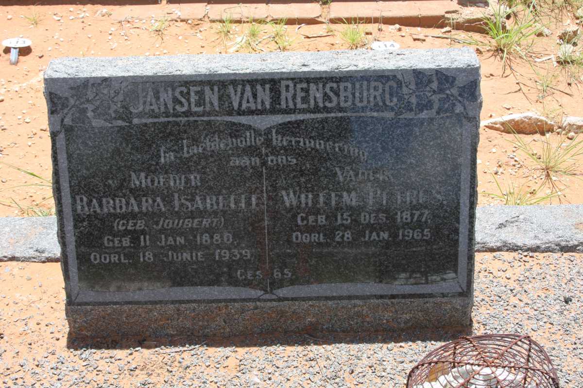RENSBURG Willem Petrus, Jansen van 1877-1965 &amp; Barbara Isabella JOUBERT 1880-1939