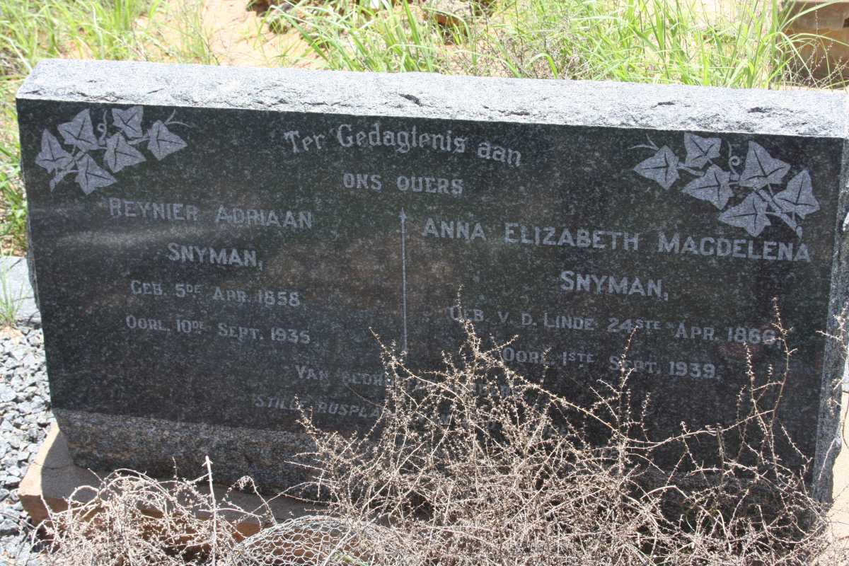 SNYMAN Reynier Adriaan 1858-1935 &amp; Anna Elizabeth Magdalena v.d. LINDE 1866-1939