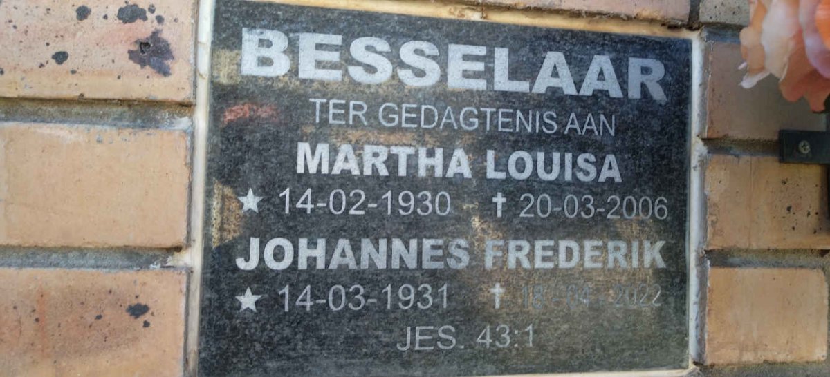 BESSELAAR Johannes Frederik 1931-2022  & Martha Louisa 1930-2006
