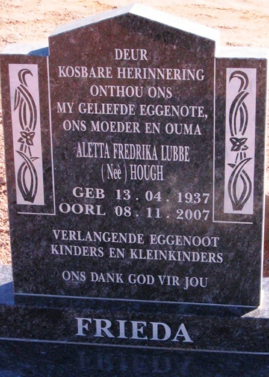 LUBBE Aletta Fredrika nee HOUGH 1937-2007
