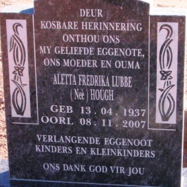 LUBBE Aletta Fredrika nee HOUGH 1937-2007