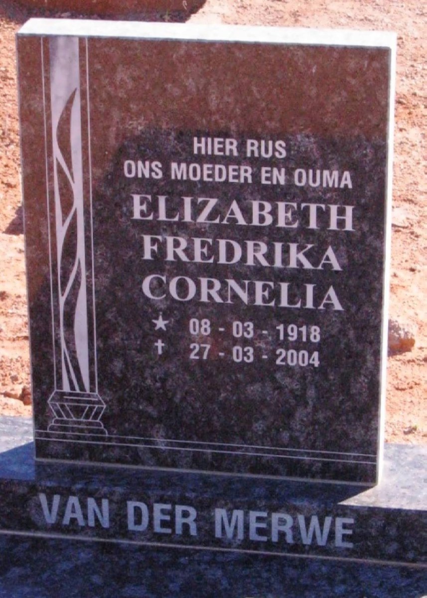 MERWE Elizabeth Fredrika Cornelia, van der 1918-2004