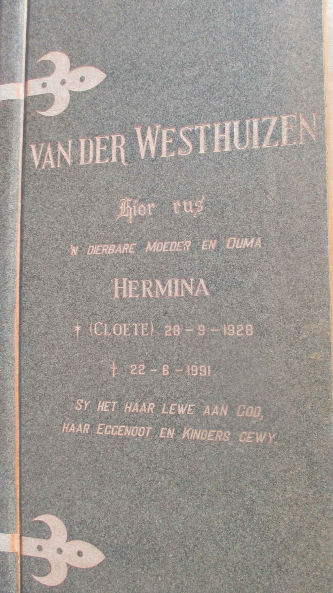 WESTHUIZEN Hermina, van der nee CLOETE 1928-1991