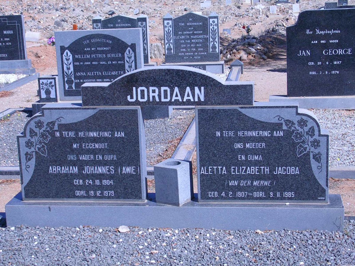 JORDAAN Abraham Johannes 1904-1979 &amp; Aletta Elizabeth Jacoba VAN DER MERWE 1907-1985