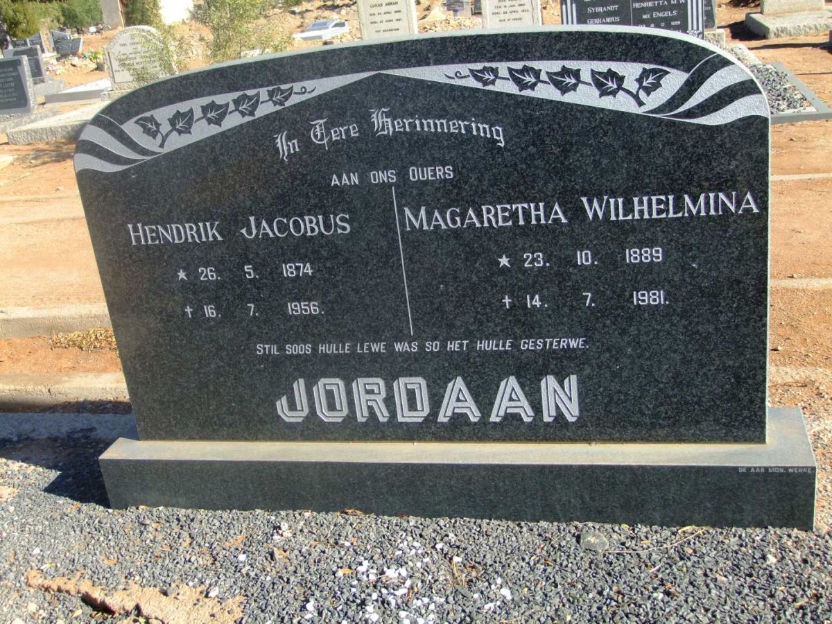 JORDAAN Hendrik Jacobus 1874-1956 &amp; Magaretha Wilhelmina 1889-1981