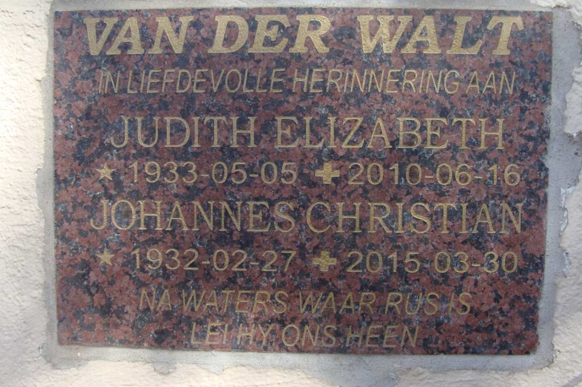 WALT Johannes Christian, van der 1932-2015 &amp; Judith Elizabeth 1933-2010