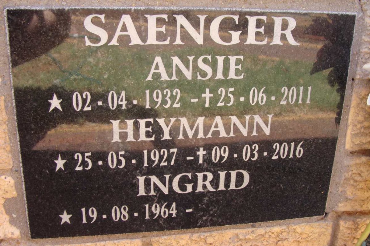 SAENGER Heymann 1927-2016 &amp; Ansie 1932-2011 :: SAENGER Ingrid 1964-