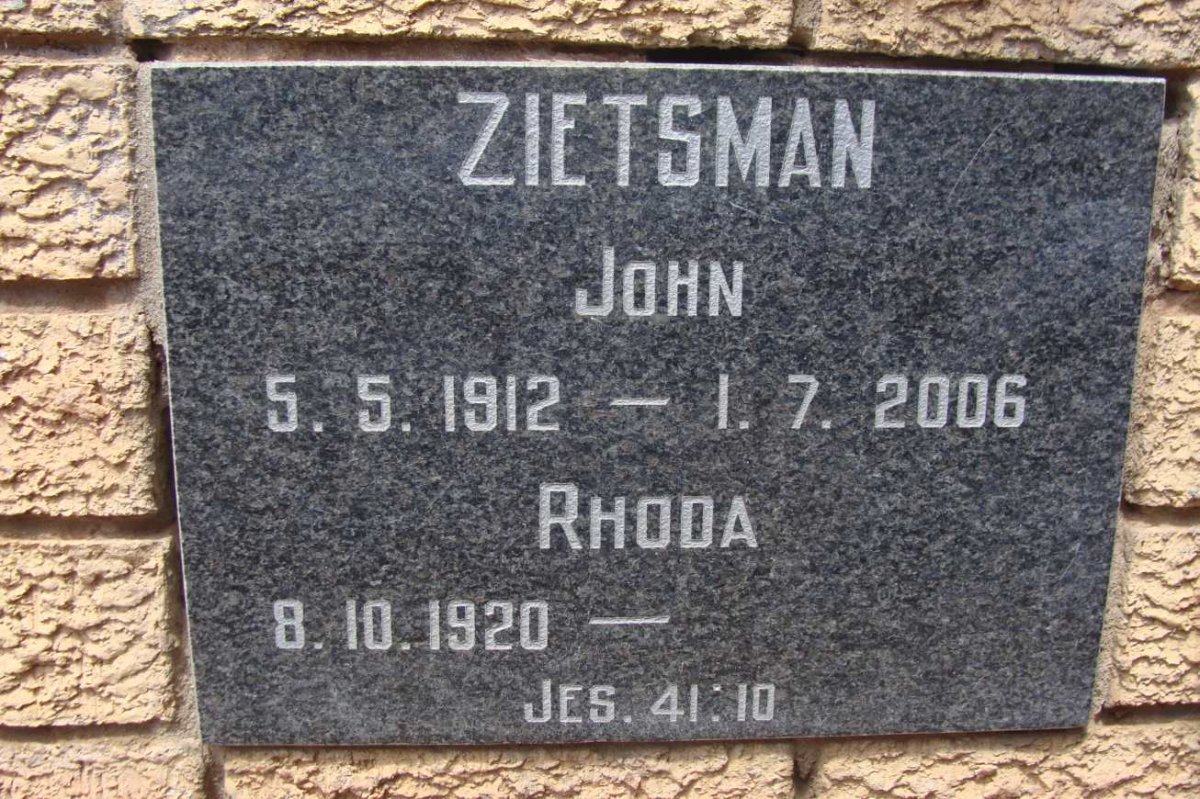 ZIETSMAN John 1912-2006 &amp; Rhoda 1920-