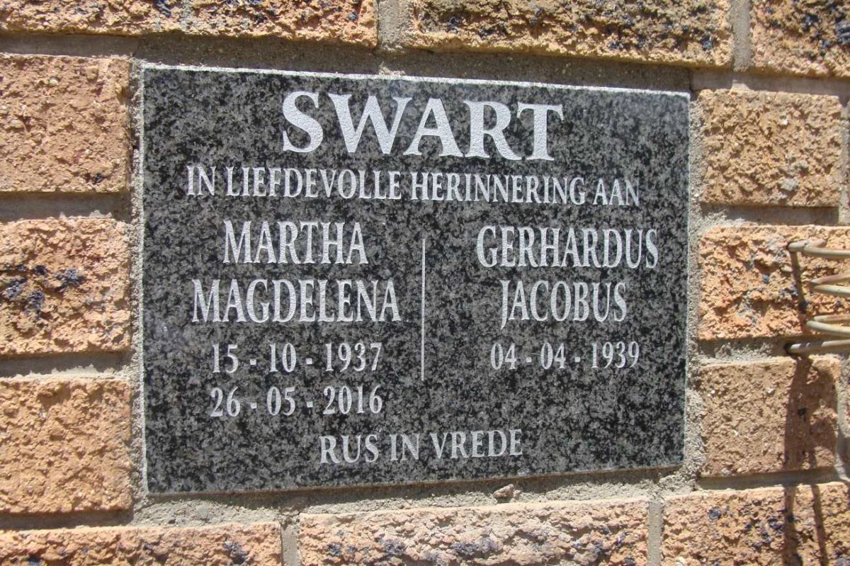 SWART Gerhardus Jacobus 1939- &amp; Martha Magdelena 1937-2016