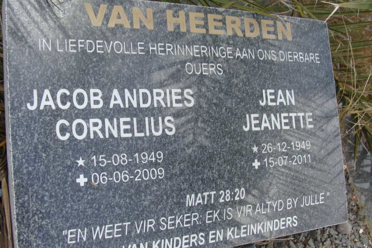 HEERDEN Jacob Andries Cornelius, van 1949-2009 &amp; Jean Jeanette 1949-2011