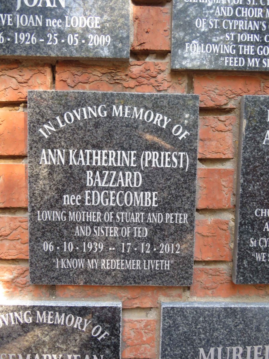 BAZZARD Ann Katherine nee EDGECOMBE 1939-2012
