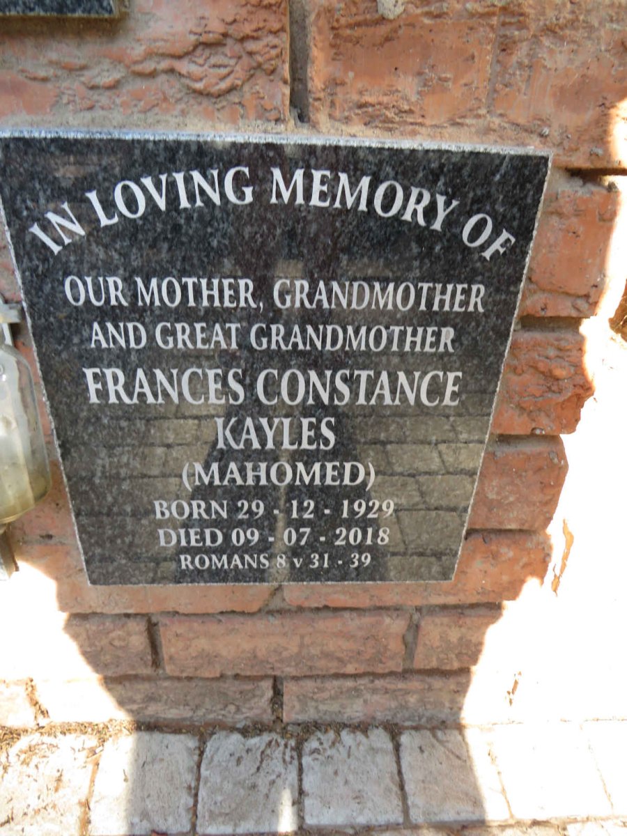 KAYLES Frances Constance nee MAHOMED 1929-2018