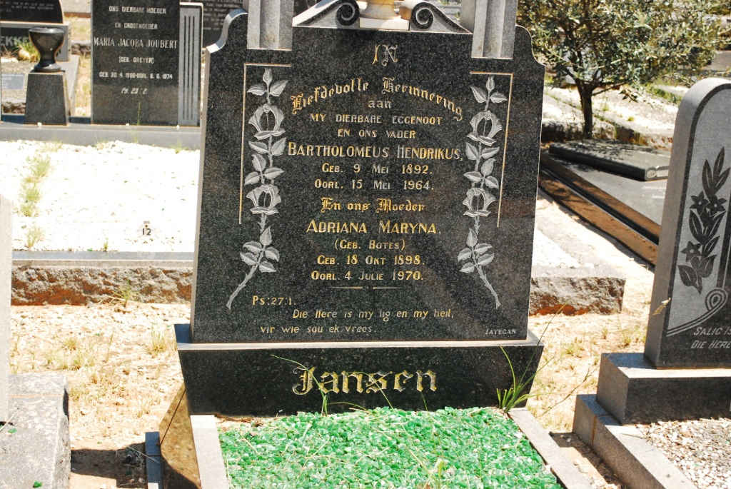JANSEN Bartholomeus Hendrikus 1892-1964 &amp; Adriana Maryna BOTES 1898-1970