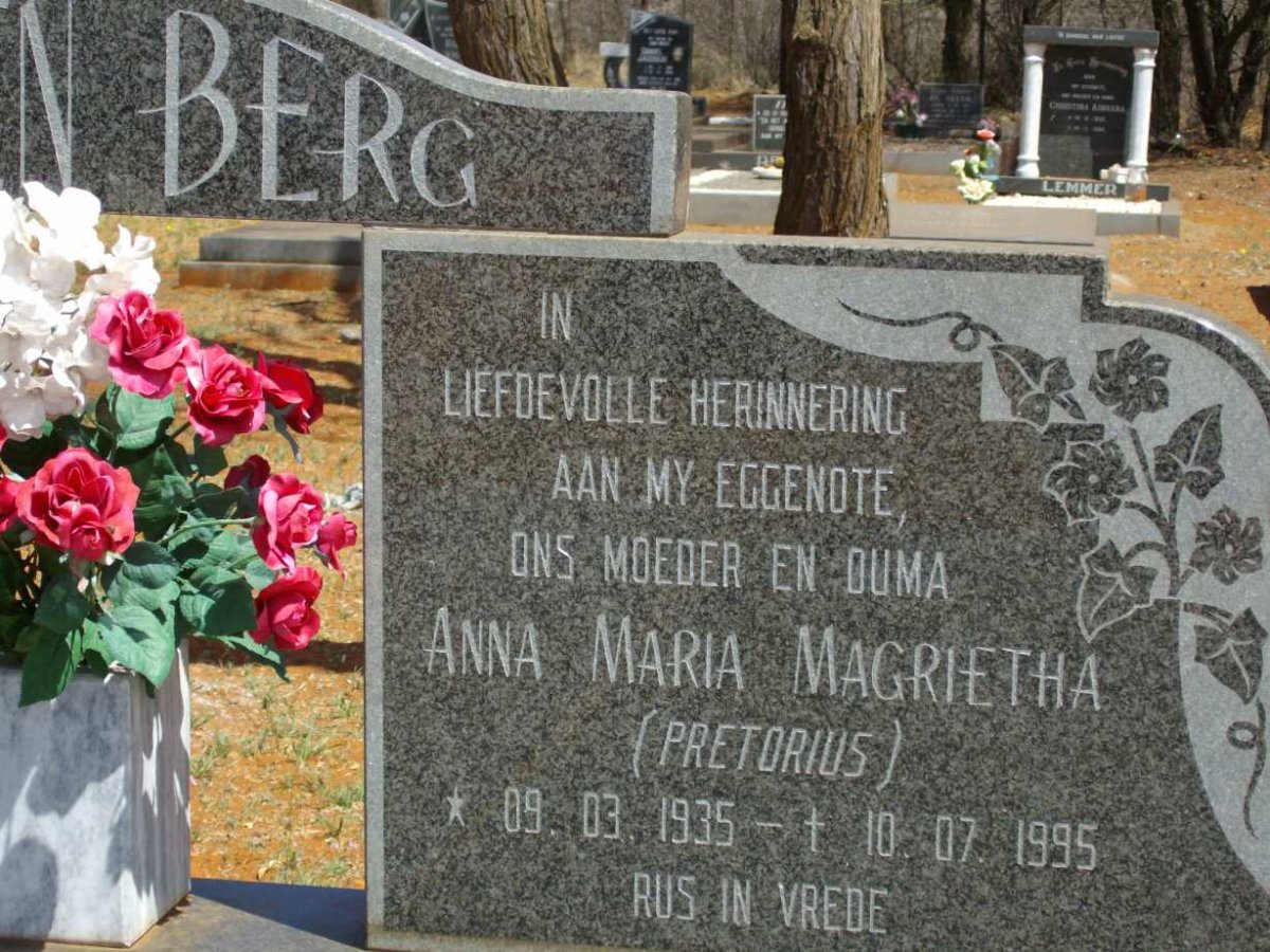 BERG Gert Jacobus, van den 1932-1998 &amp; Anna Maria Magrietha neé Pretorius 1935-1995