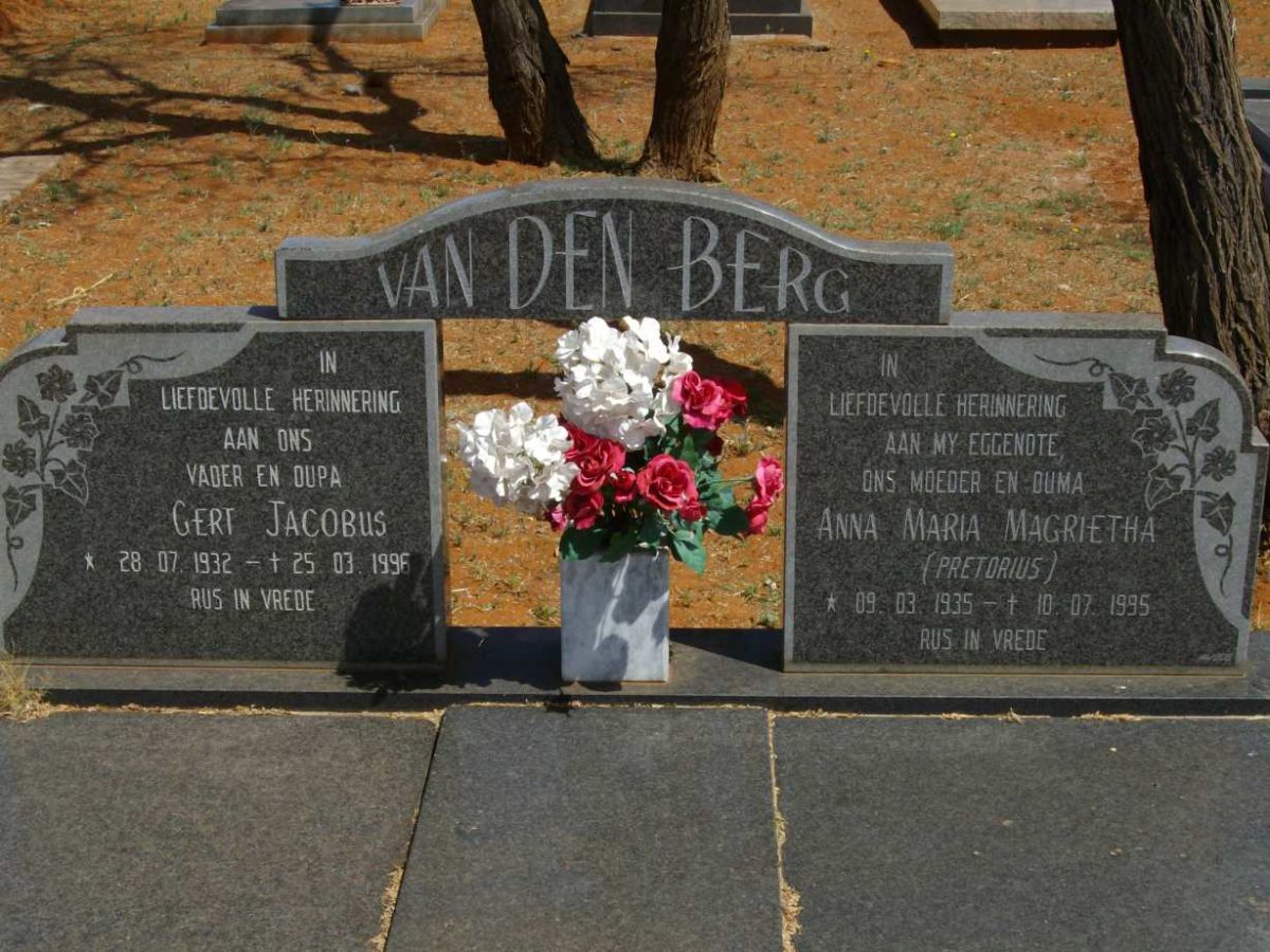 BERG Gert Jacobus, van den 1932-1996 &amp; Anna Maria Magrietha PRETORIUS 1935-1995