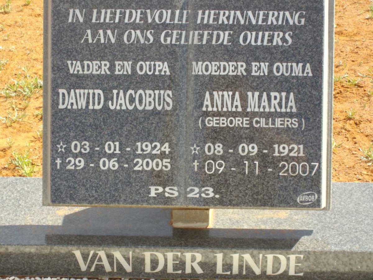LINDE Dawid Jacobus, van der 1924-2005 &amp; Anna Maria CILLIERS 1921-2007