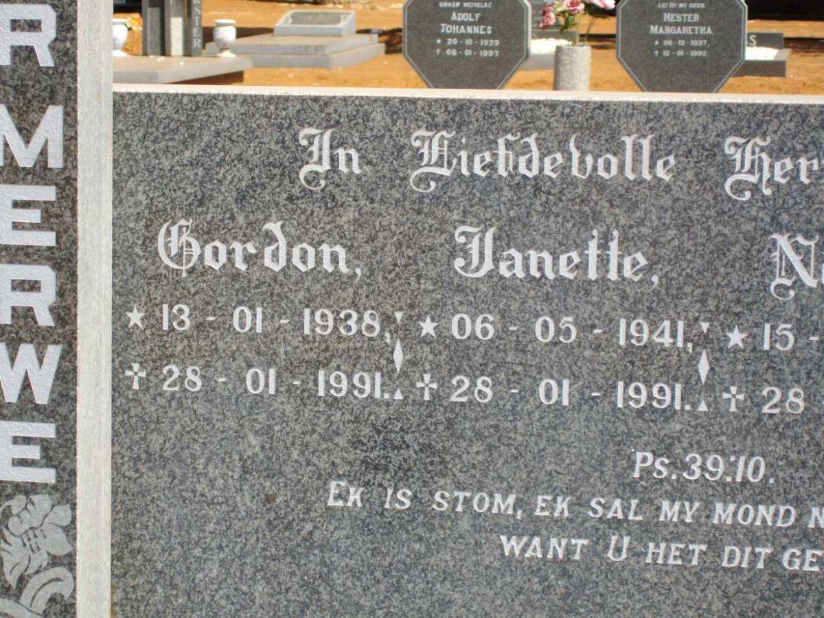 MERWE Gordon, van der 1938-1991 &amp; Janette 1941-1991 :: VAN DER MERWE Neville 1972-1991 :: VAN DER MERWE Diana 1969-1991