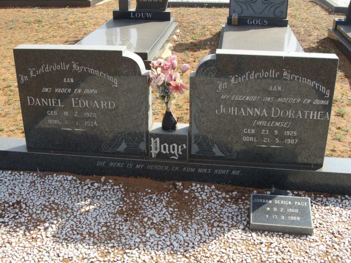 PAGE Daniel Eduard 1920-1994 &amp; Johanna Dorathea WILLEMSE 1925-1987 :: PAGE Johann Derick 1960-1989