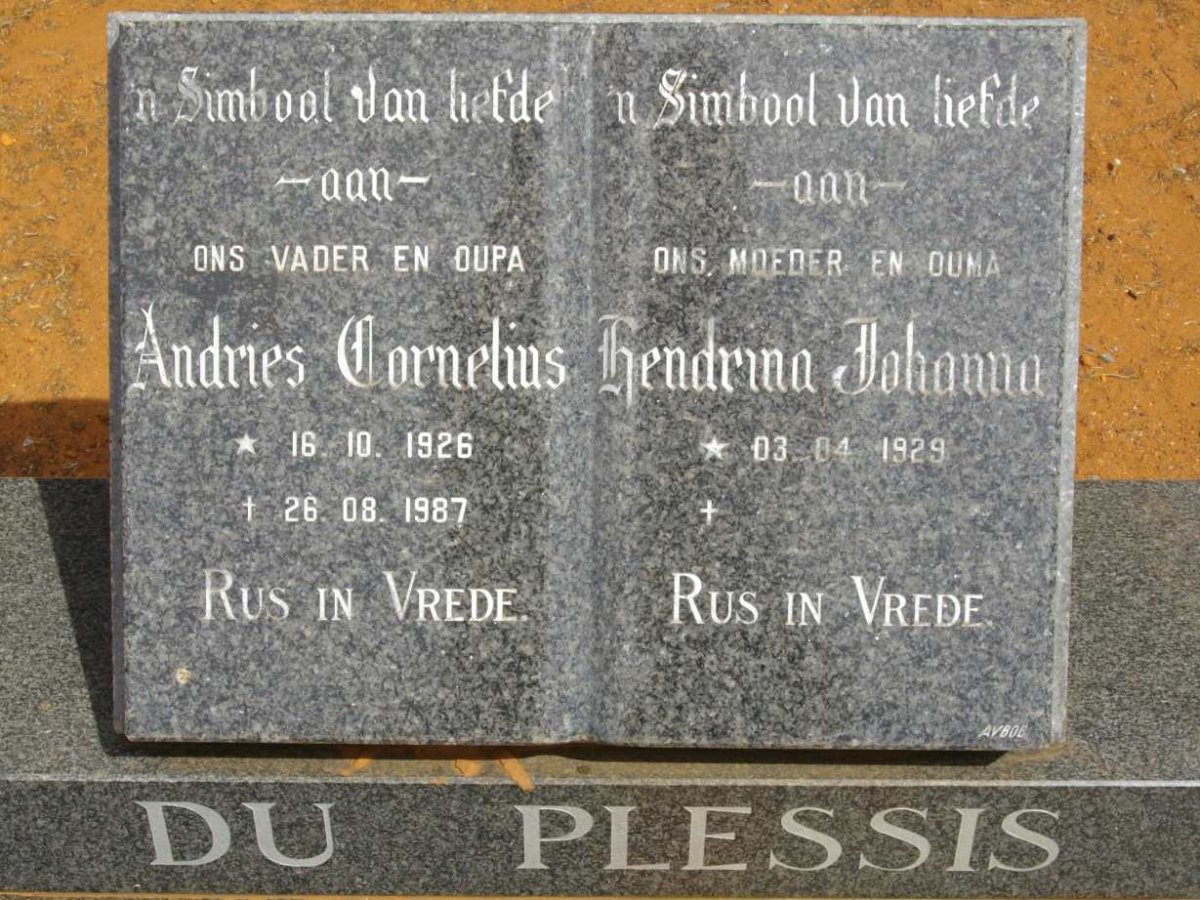 PLESSIS Andries Cornelius, du 1826-1987 &amp; Hendrina Johanna 1929-