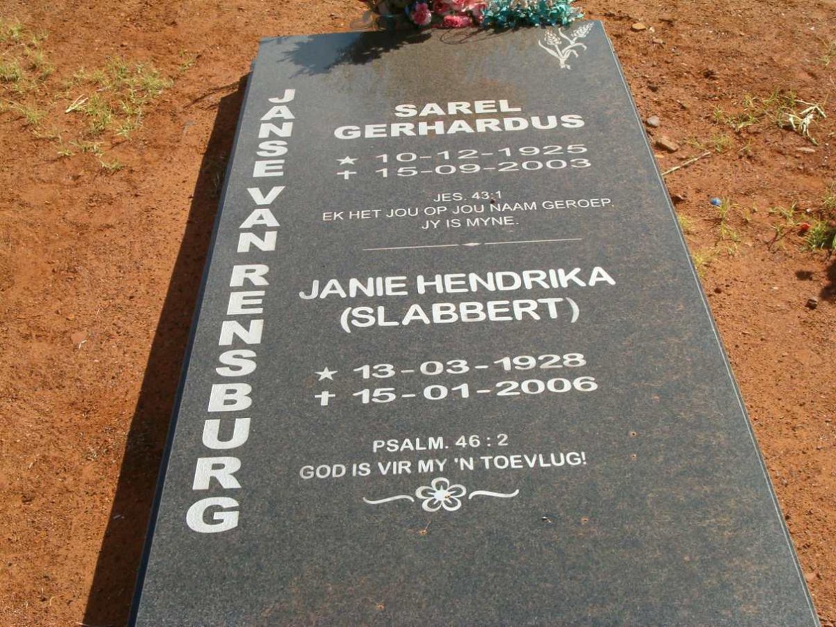 RENSBURG Sarel Gerhardus, Janse van 1925-2003 &amp; Janie Hendrika SLABBERT 1928-2006