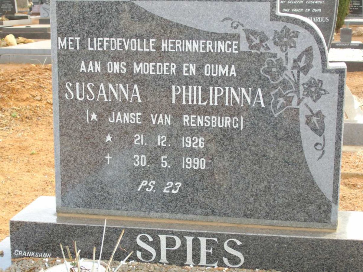 SPIES Susanna Philipinna neé JANSE VAN RENSBURG 1926-1990