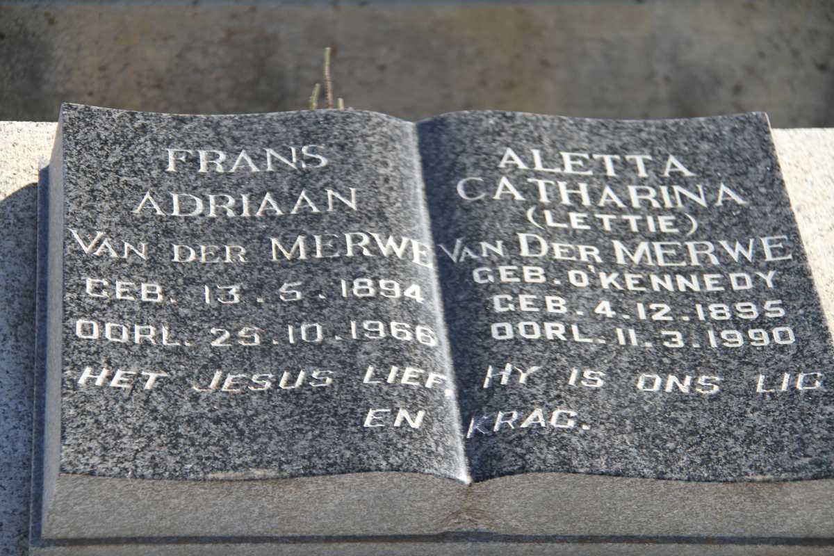 MERWE Frans Adriaan, van der 1894-1966 &amp; Aletta Catharina O'KENNEDY 1895-1990