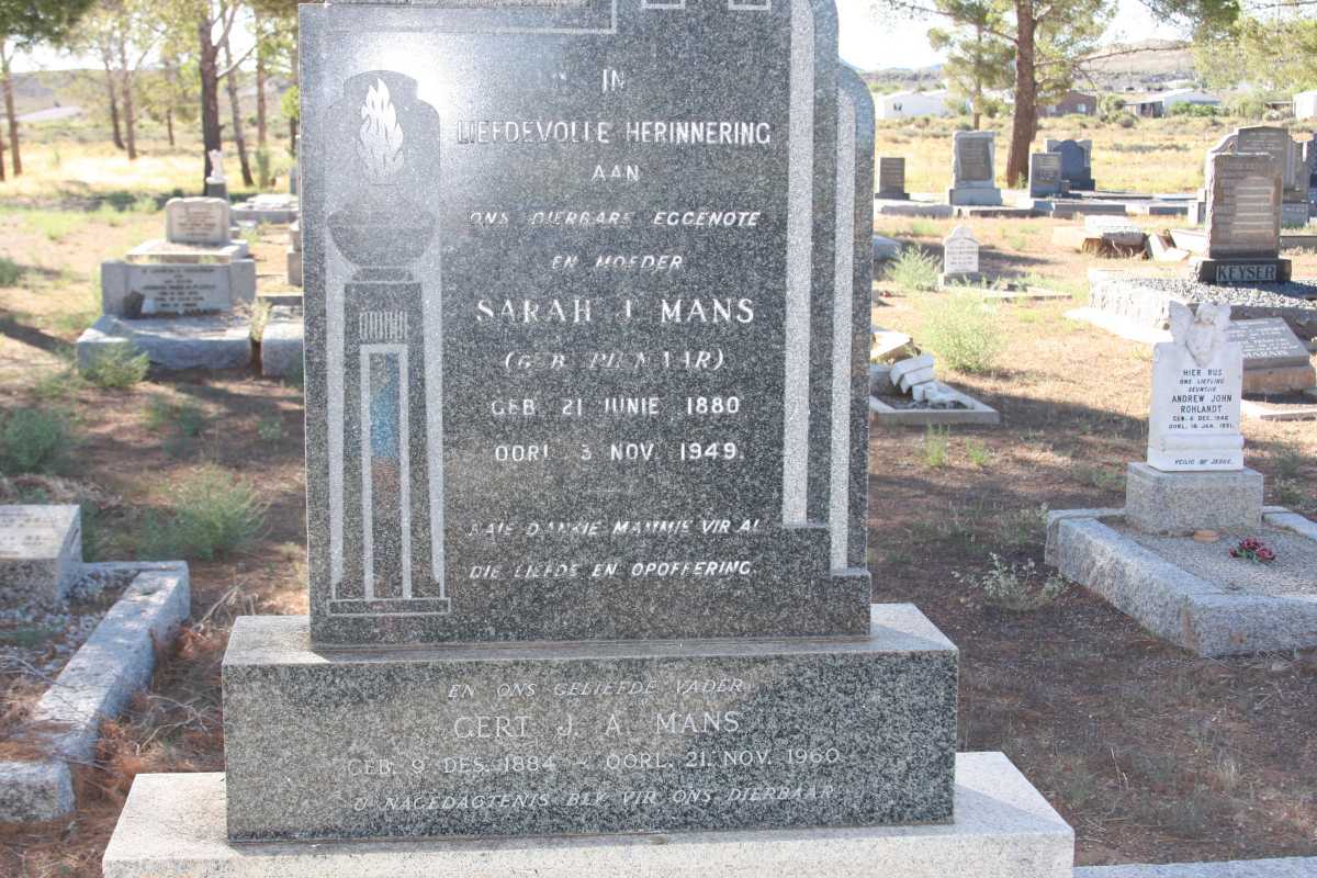 MANS Gert J.A. 1884-1960 &amp; Sarah J. PIENAAR 1880-1949