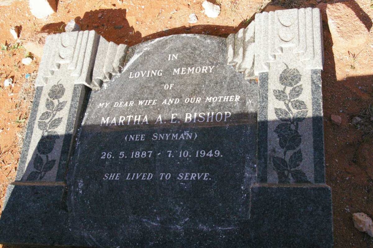BISHOP  Martha A.E. nee SNYMAN 1887-1949