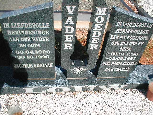 LOUW Jacobus Adriaan 1920-1993 &amp; Anna Maria Susanna COETZEE 1923-1991