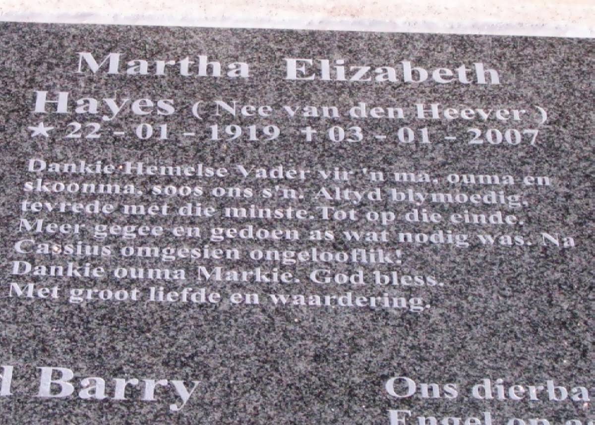 HAYES Martha Elizabeth nee VAN DEN HEEVER 1919-2007