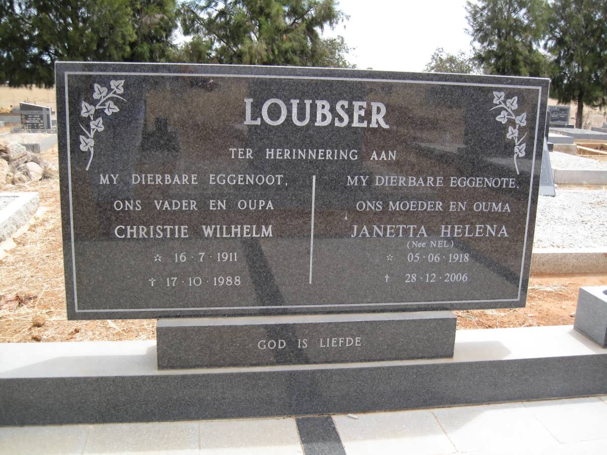 LOUBSER Christie Wilhelm 1911-1988 &amp; Janetta Helena NEL 1918-2006