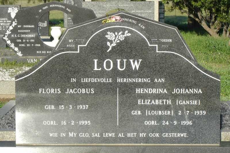 LOUW Floris Jacobus 1937-1995 &amp; Hendrina Johanna Elizabeth LOUBSER 1939-1996