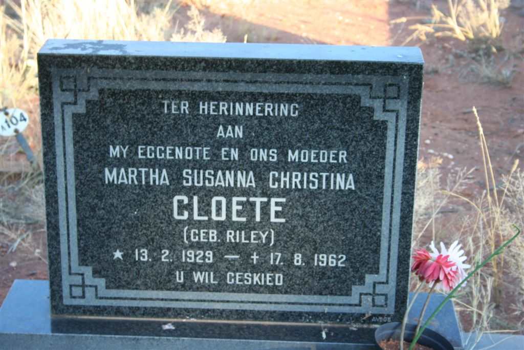 CLOETE Martha Susanna Christina nee RILEY 1929-1962