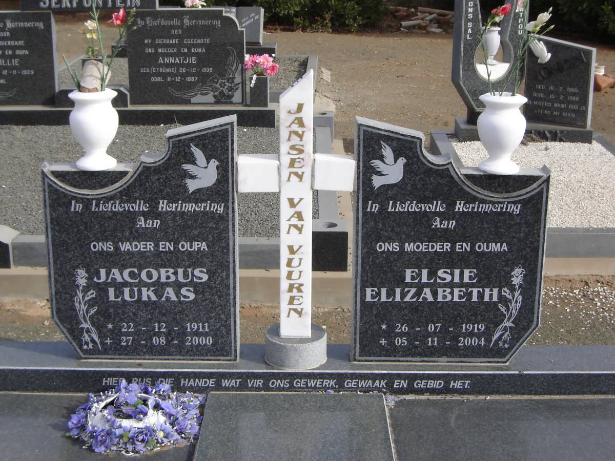 VUUREN Jacobus Lukas, Janse van 1911-2000 &amp; Elsie Elizabeth 1919-2004